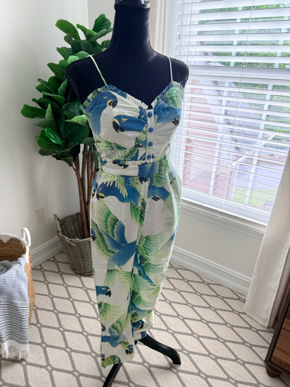FARM Rio Blue & Green Parrot Print Spaghetti-Strap Jumpsuit